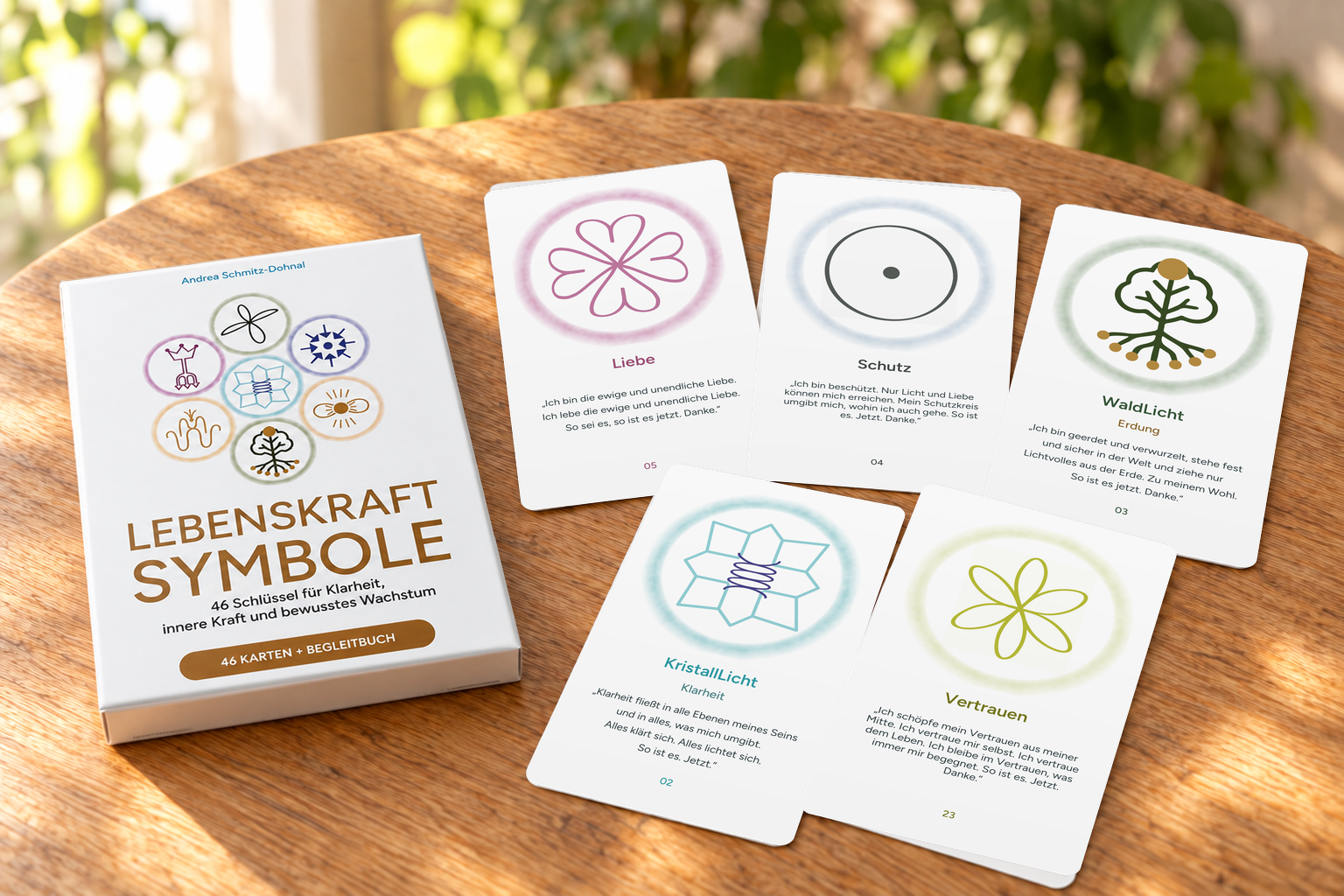 Lebenskraft-Symbole – Box und ausgelegte Symbolkarten